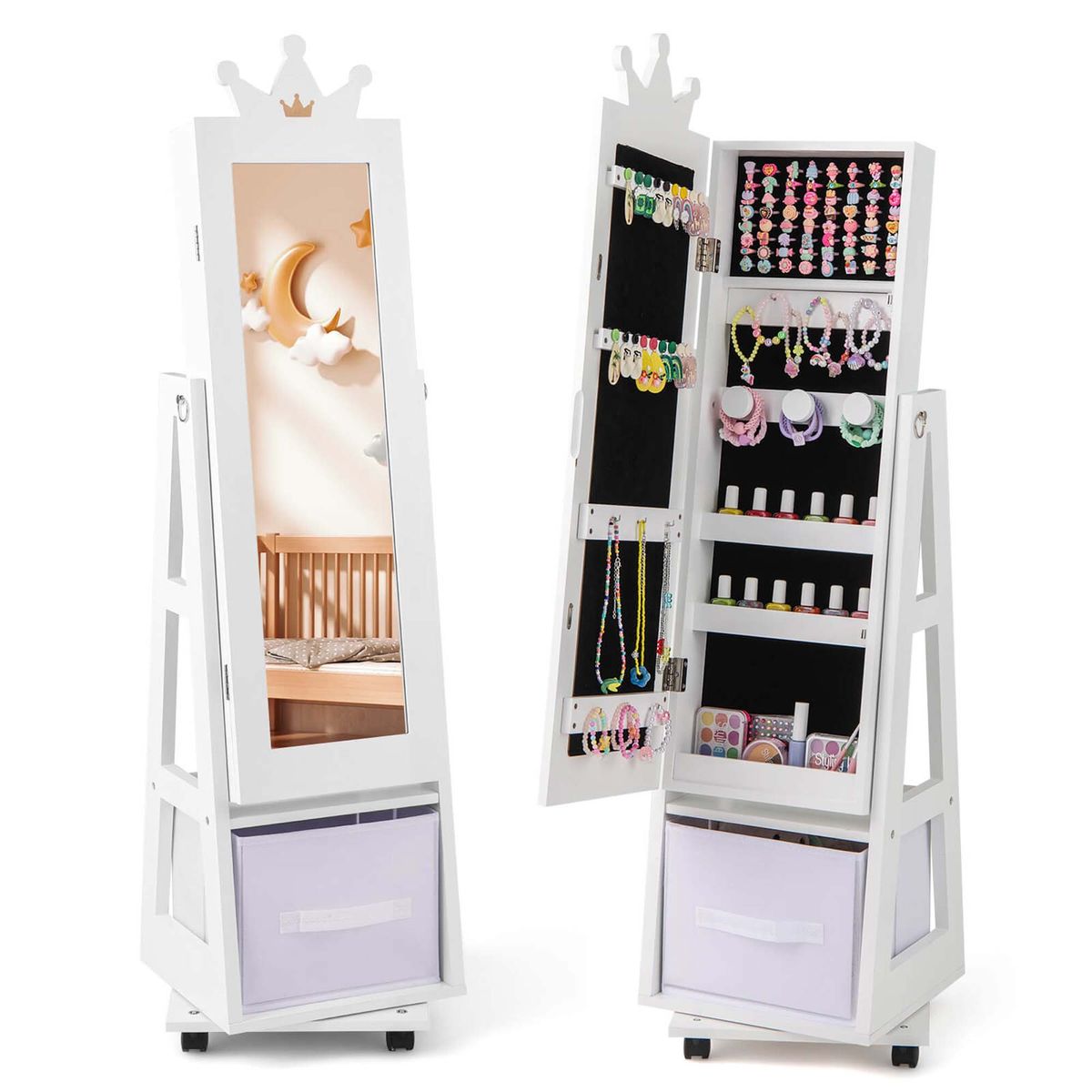 2-in-1 Kids' Play Jewelry Armoire with Full Length Mirror & Drawers - Kids Jewelry-white