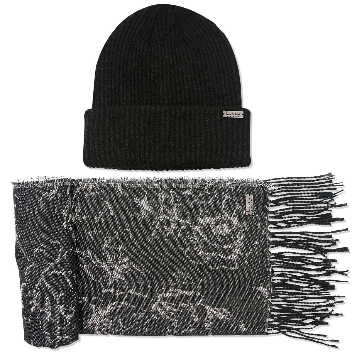 Nicole Miller New York Hanging Scarf and Beanie Set - Black Floral