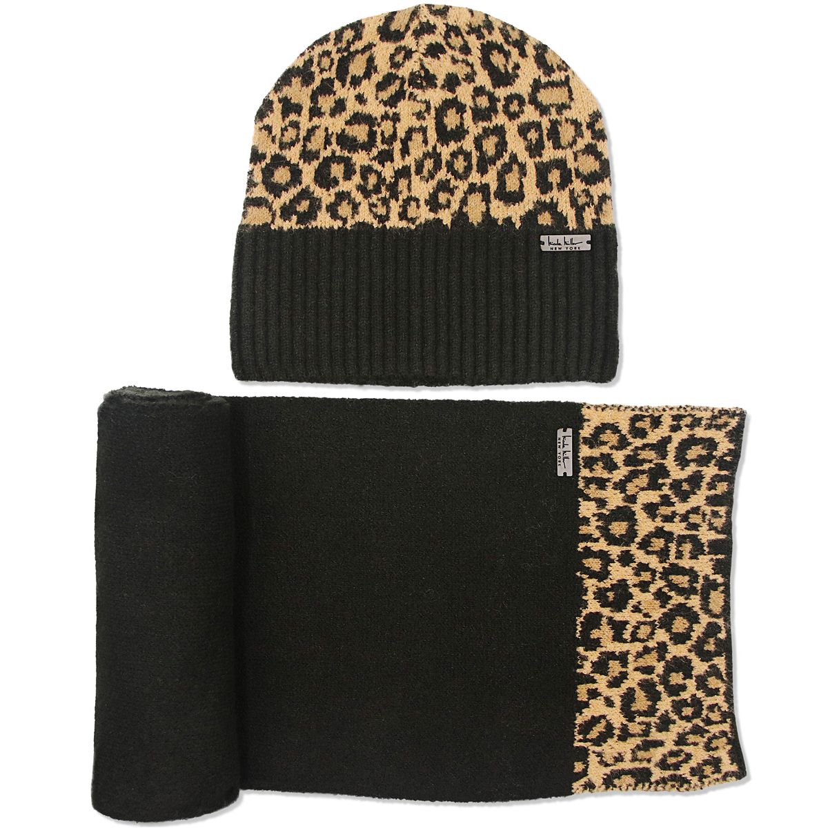 Nicole Miller New York Hanging Scarf and Beanie Set - Leopard