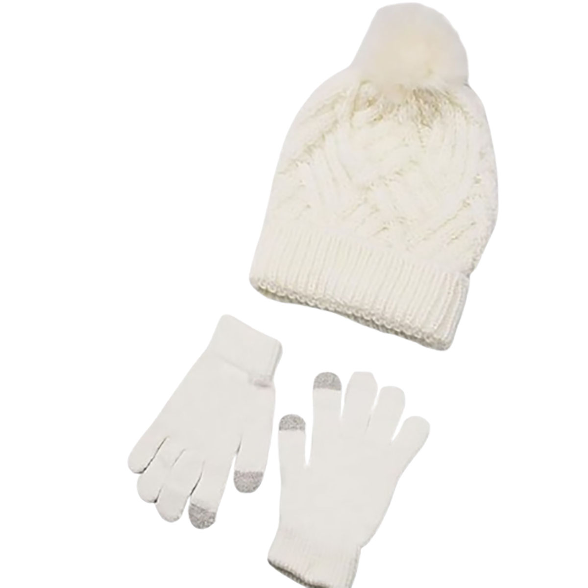 Women's Pom-Pom Beanie and Gloves Set - Women's Hat and Gloves Set Ivory