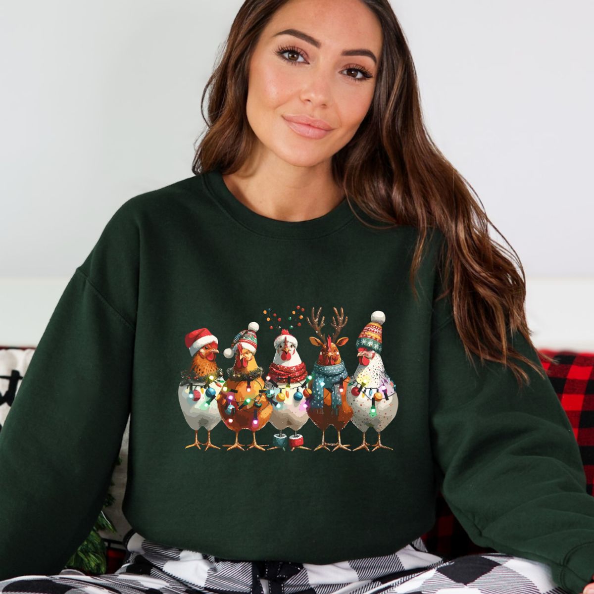 Women's Christmas Chickens Graphic Sweater - S / Forest Green