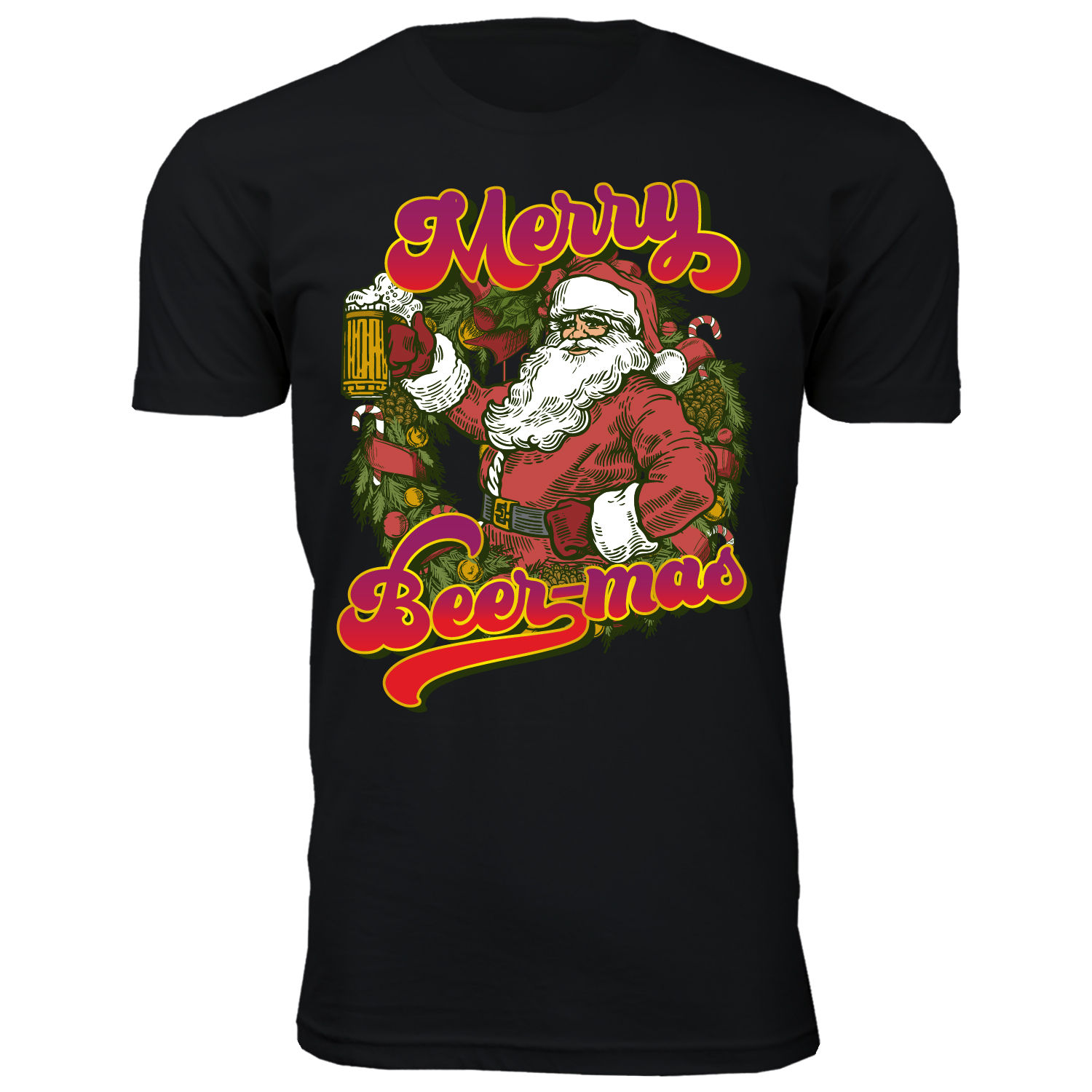 Men's Christmas Spirit Crew Neck T-Shirts - Merry Beer-mas - Black / S