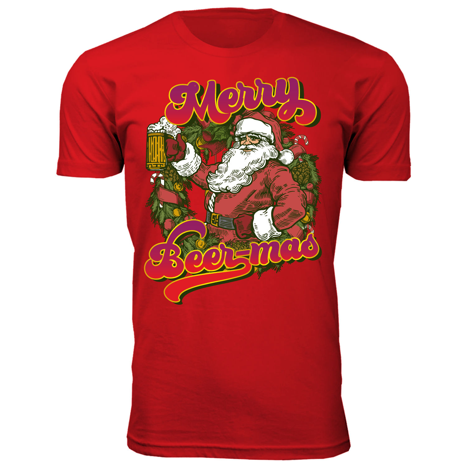 Men's Christmas Spirit Crew Neck T-Shirts - Merry Beer-mas - Red / 2XL