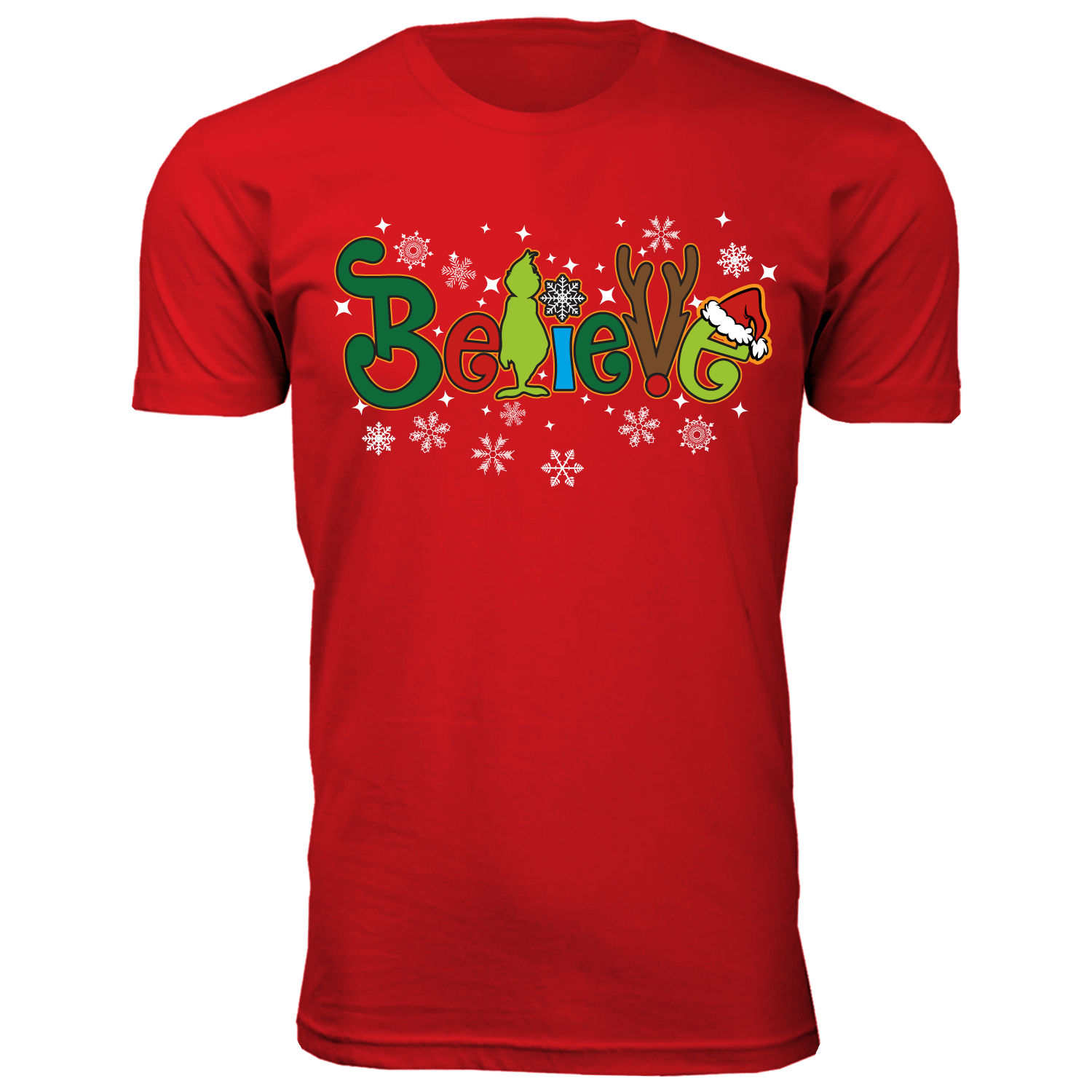 Men's Christmas Spirit Crew Neck T-Shirts - Believe - Red / XL