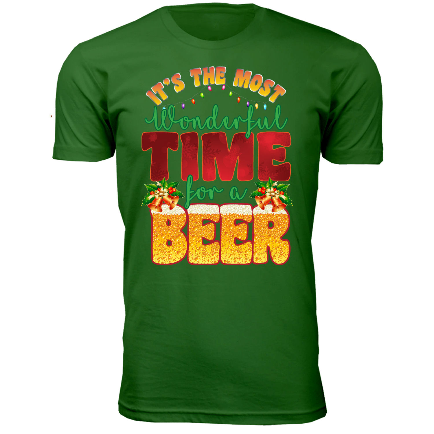 Men's Christmas Spirit Crew Neck T-Shirts - Wonderful Time for a Beer - K.Green / 2XL