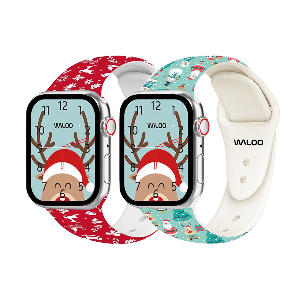Christmas/Holiday-Fun Silicone Sport Bands for Apple Watch (2-Pack) - 44/45/46/49mm & 42mm (Series 1-3 Only) / Red Winter + Teal Snowman