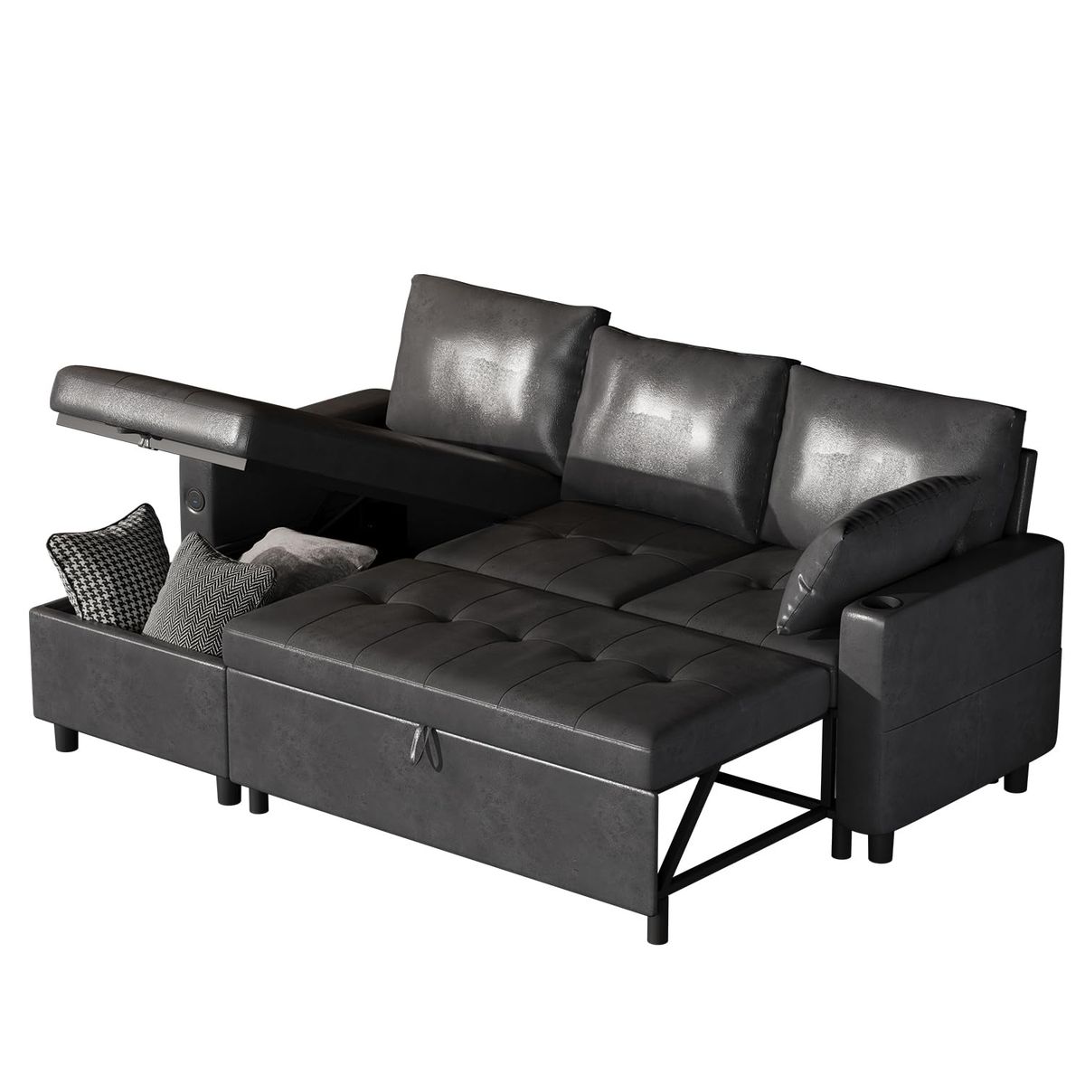 3-in-1 Convertible Sleeper Sofa - Black, PU Leather