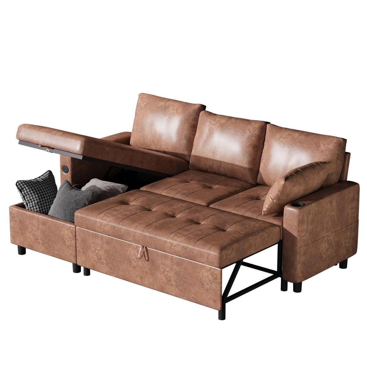 3-in-1 Convertible Sleeper Sofa - Brown, PU Leather
