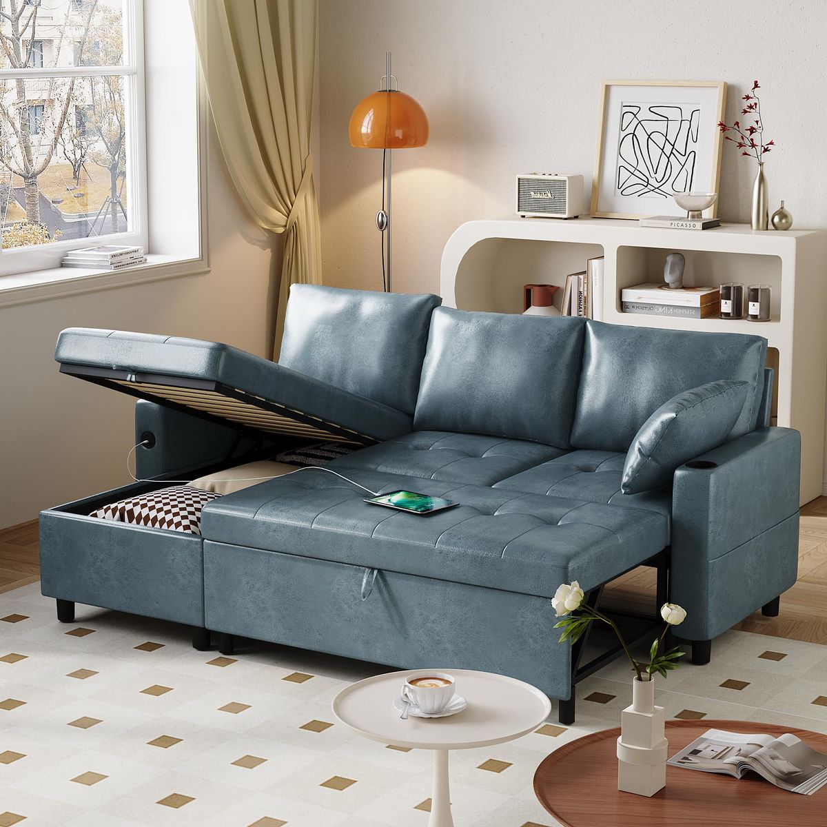 3-in-1 Convertible Sleeper Sofa  - Blue, PU Leather