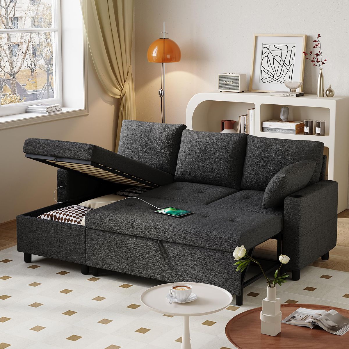 3-in-1 Convertible Sleeper Sofa  - Black, Teddy