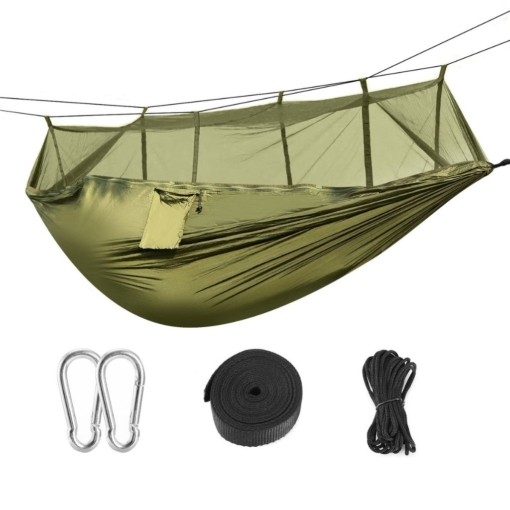 Camping Hammock with Mosquito Net with Hanging Straps and Carabiners - Green