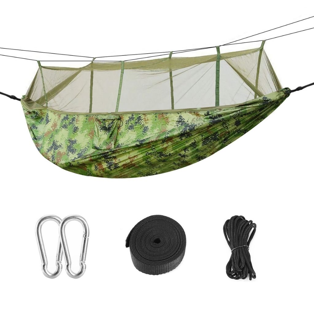 Camping Hammock with Mosquito Net with Hanging Straps and Carabiners - Camo
