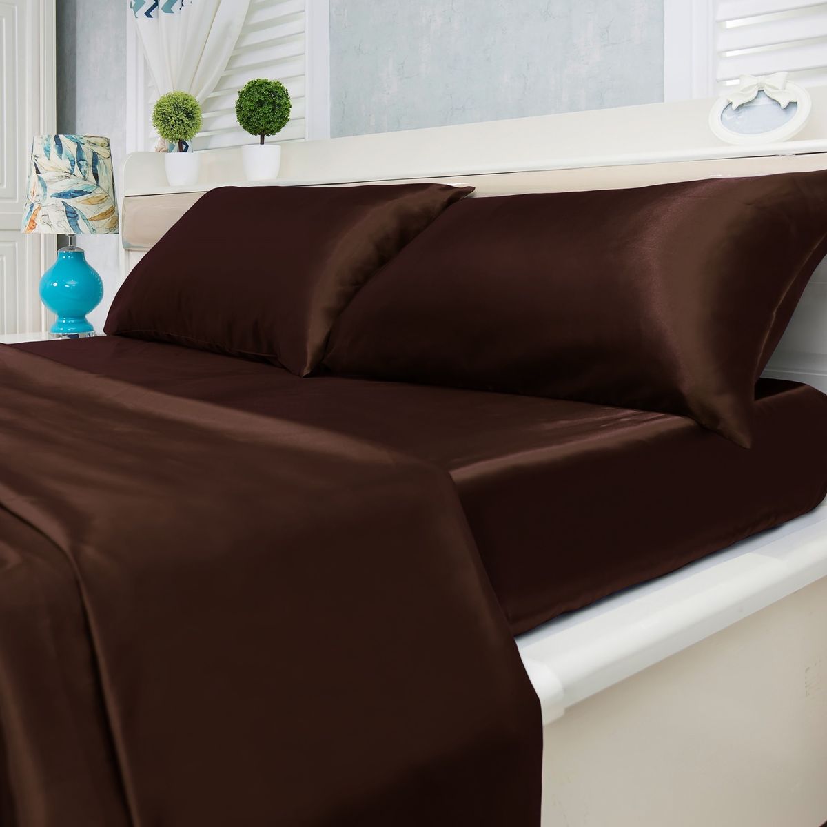 90GSM Silky-Soft Satin Sheet Set (4-Piece) - Chocolate - Queen