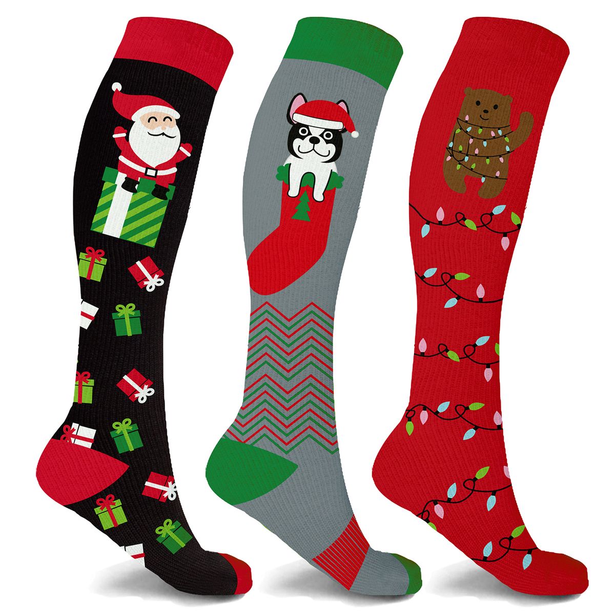 Holiday Fun Knee-High Compression Socks, 15-20mmHG (3-Pair) - Ruff - Small/Medium