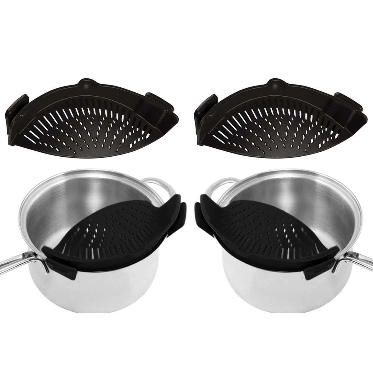 Easy Snap-On Heat Resistance Silicone Kitchen Strainer (2-Pack) - Black