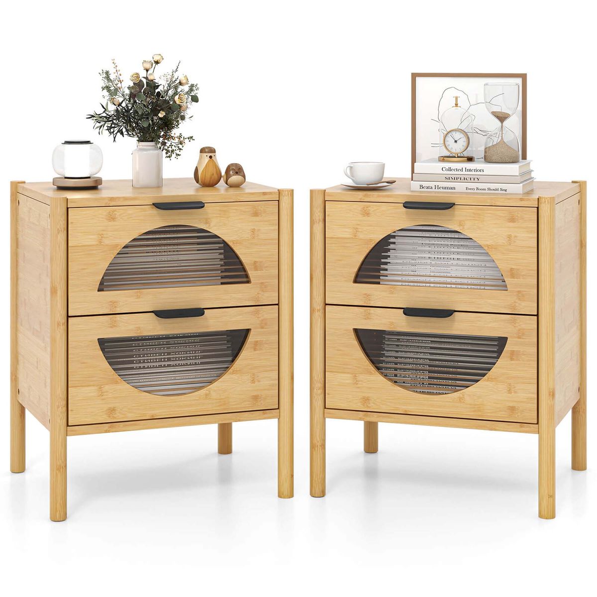 Bamboo Nightstand with Storage Drawers and Reeded Tempered Glass - Nightstand-2
