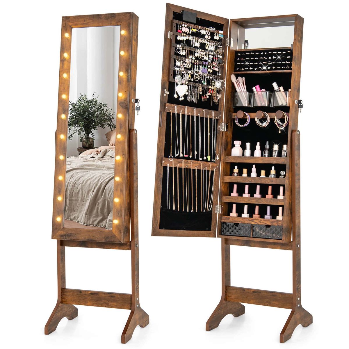Full-Length Mirrored Jewelry Cabinet with LED Lights - Jewelry Cabinet -Brown