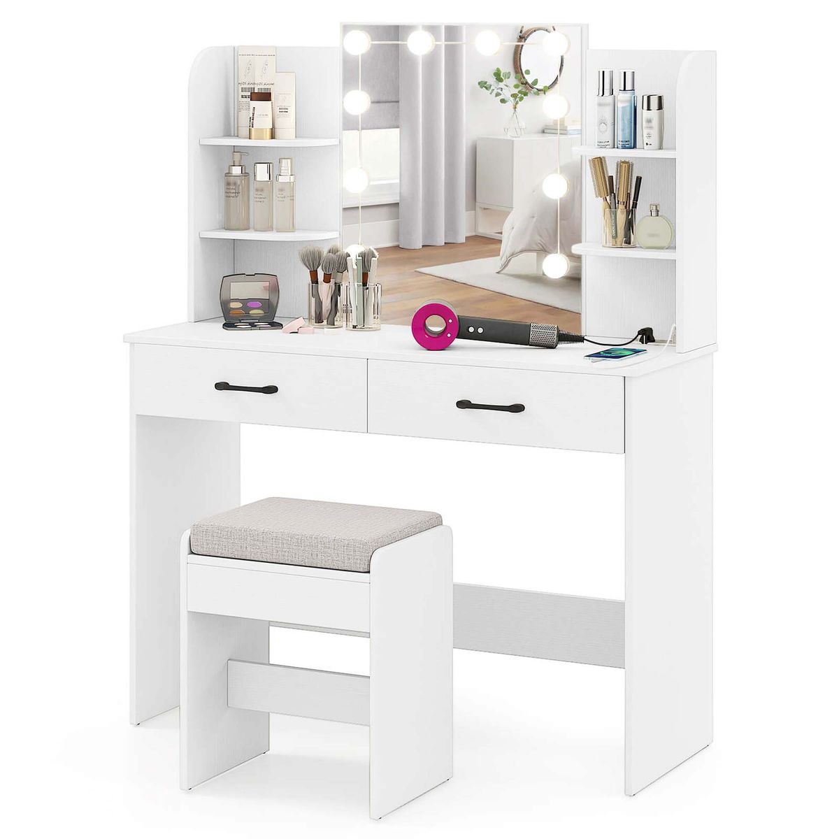 Makeup Vanity Desk with Lighted Mirror - Vanity Desk-White