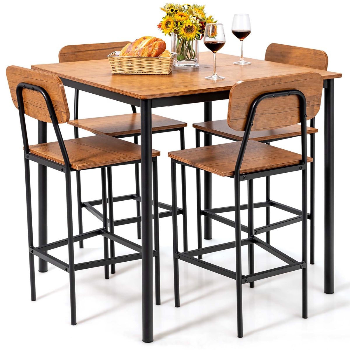 5-Piece Industrial Dining Table Set - Dining Table Set-Brown
