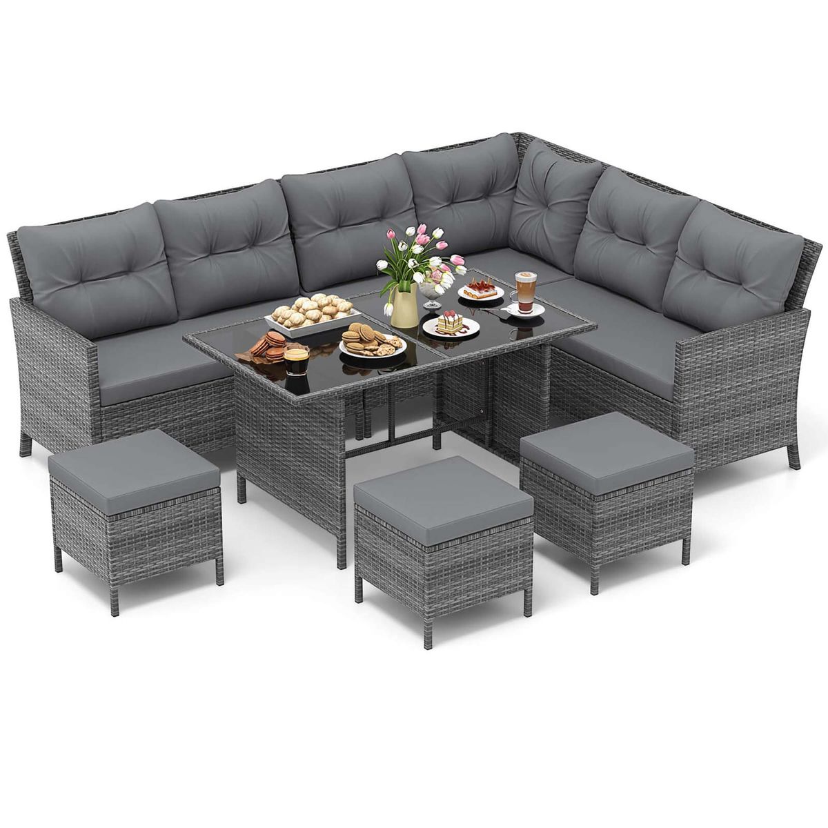 7-Piece Patio Sectional Furniture Set - 7 PCS Patio Dining Set -Gray