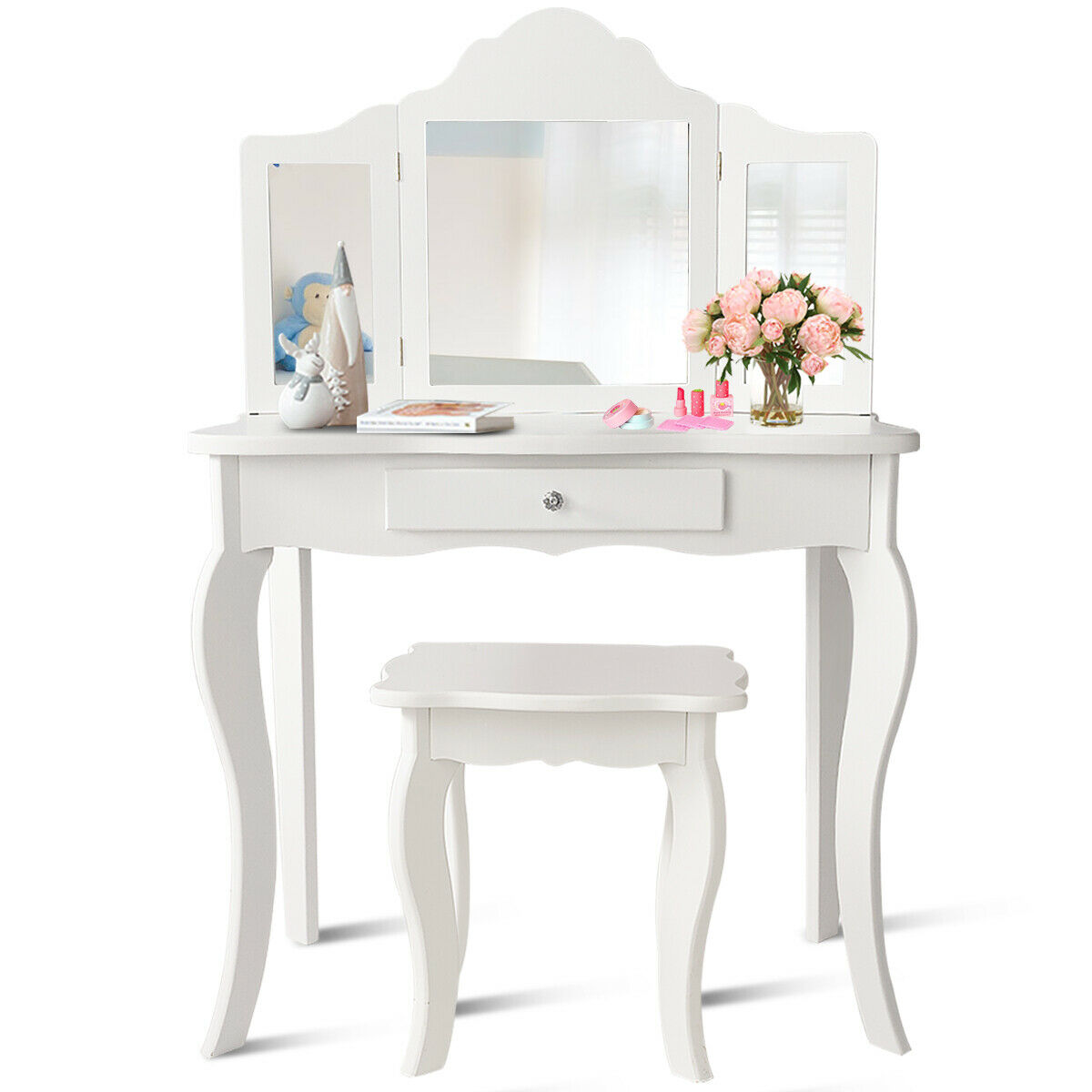 Kid's Vanity Table with Stool  - Costway Vanity Table Set White