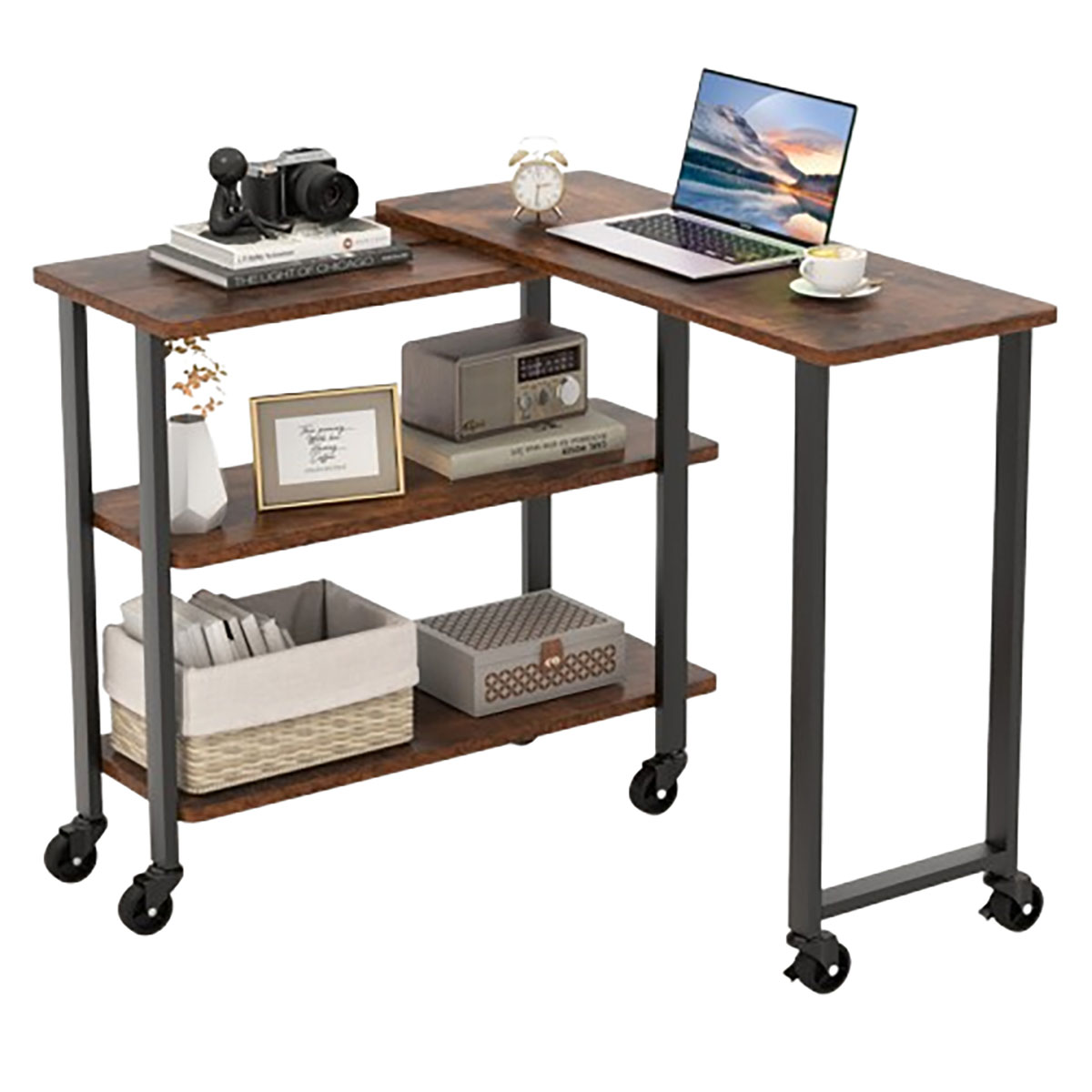 Patented 360-Degree Free-Rotating Sofa Side Table with Shelves - Patented Sofa Side-Rustic Brown