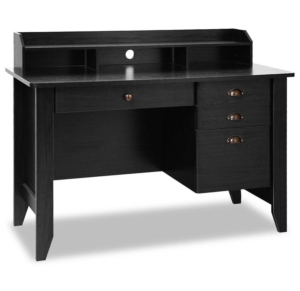 4-Drawer Writing Desk with Upper Shelf - Black