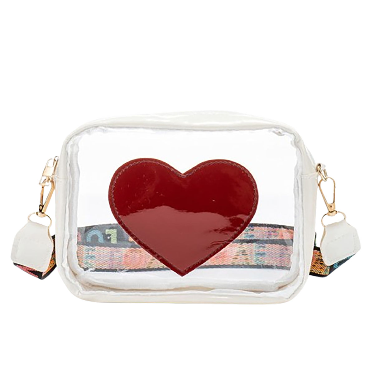 Clear PVC Crossbody Messenger Jelly Bag with Heart Patch for Women - White