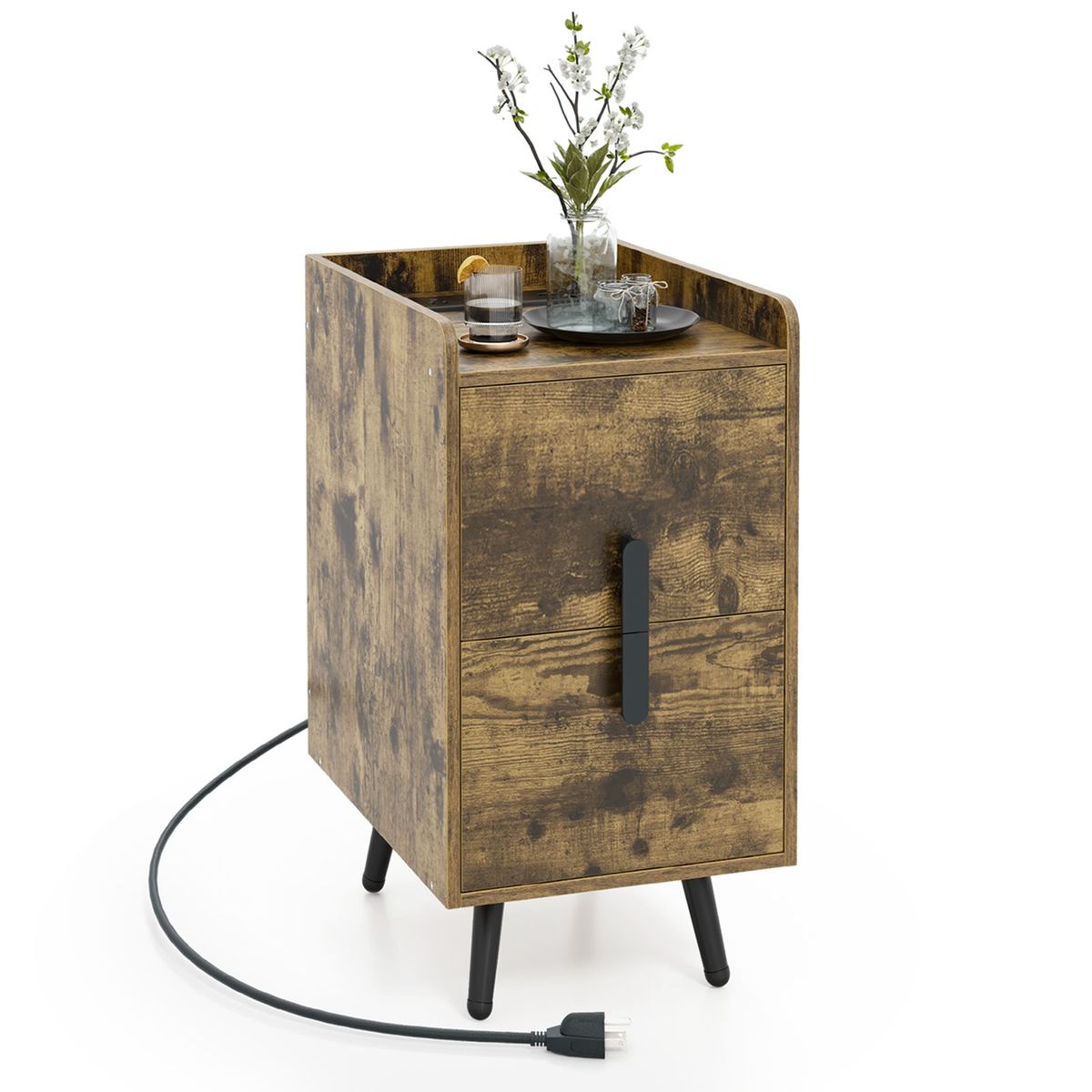 Nightstand with Charging Station & Drawers - Nightstand -Coffee