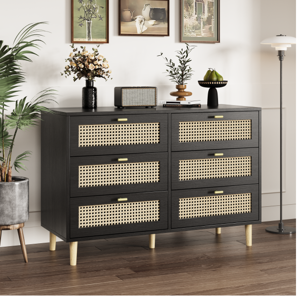 6-Drawer Rattan Boho Dresser - 13126BK-UG01