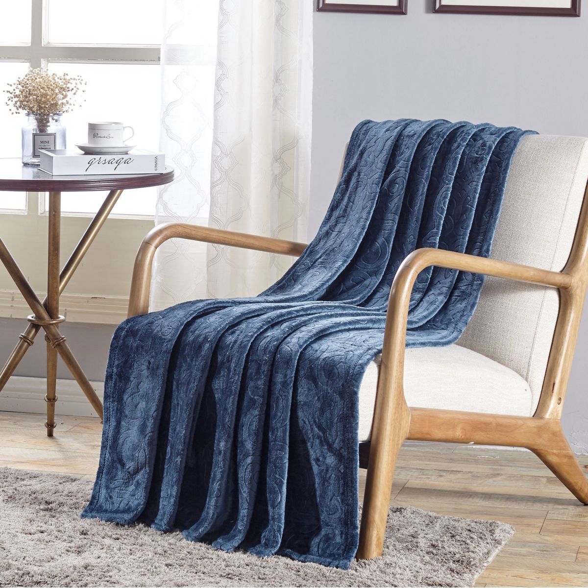 Large Cozy Throw Blanket (2-Pack) - Damask - Oxford Blue