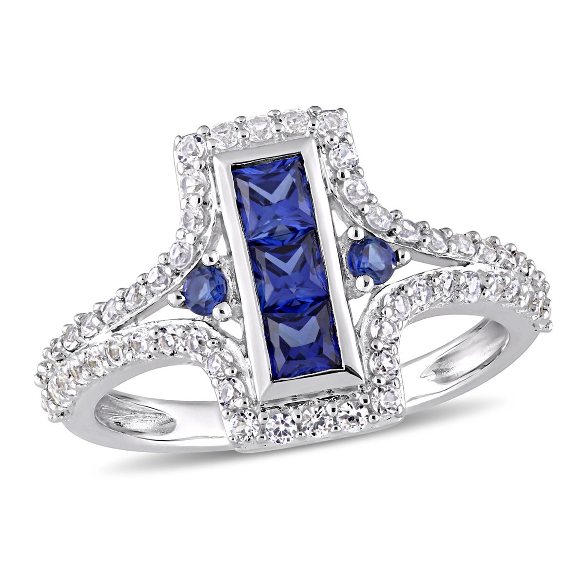 Sterling Silver 1.12 Carat Lab-Created Blue Sapphire & White Sapphire Halo Ring - Ring Size: 5