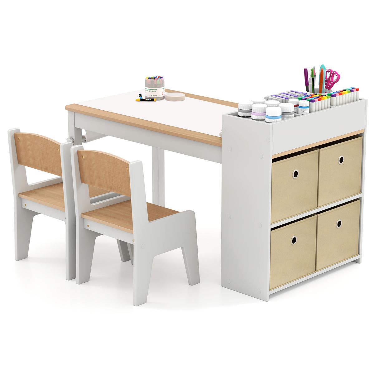 Kids Wooden Art Table and Chairs Set - Kids Art Table-Natural