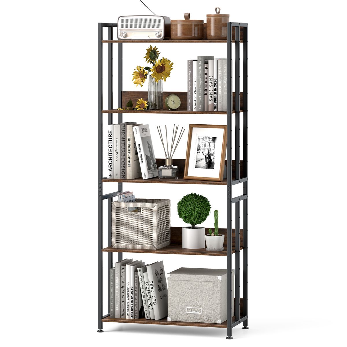 62"" Tall 5-Tier Bookshelf with Tiltable Shelves - Bookcase -2pcs