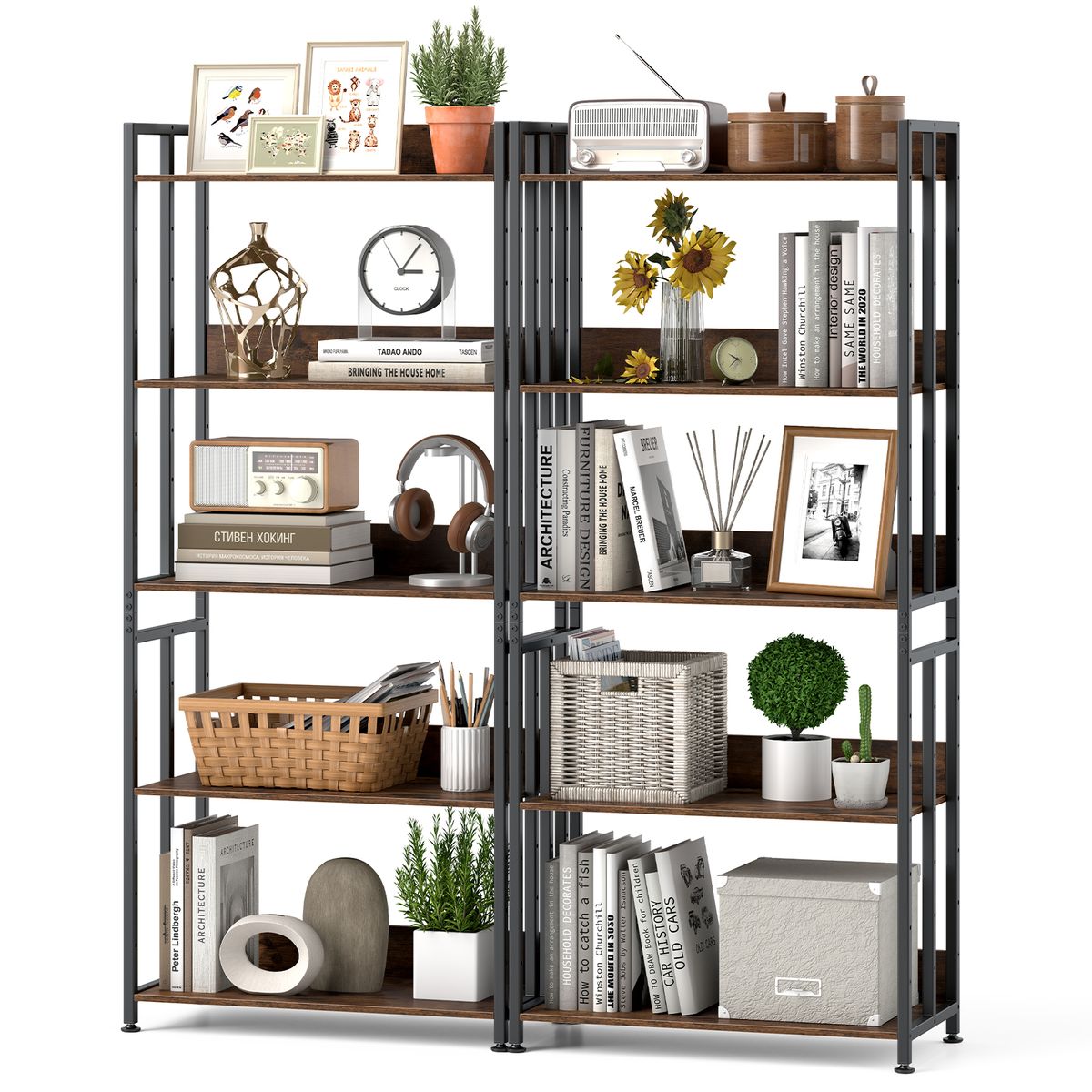 62"" Tall 5-Tier Bookshelf with Tiltable Shelves - Bookcase -1pcs