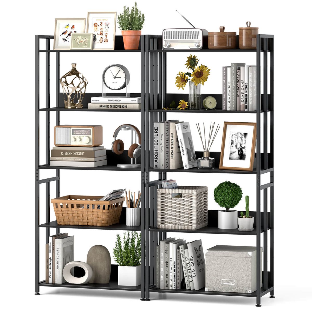 62" 5-Tier Bookshelf with Tiltable Shelves - 5 Tier Bookshel-2PCS