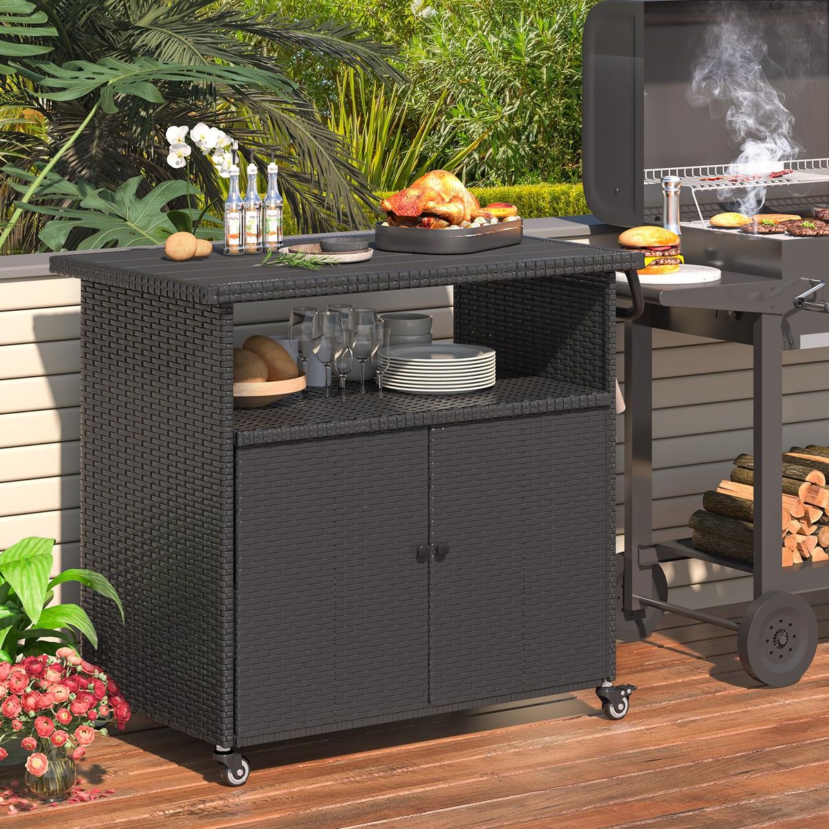Patio Wicker Bar Table Cart with Wheels (3 Colors) - 16503BK-UG01