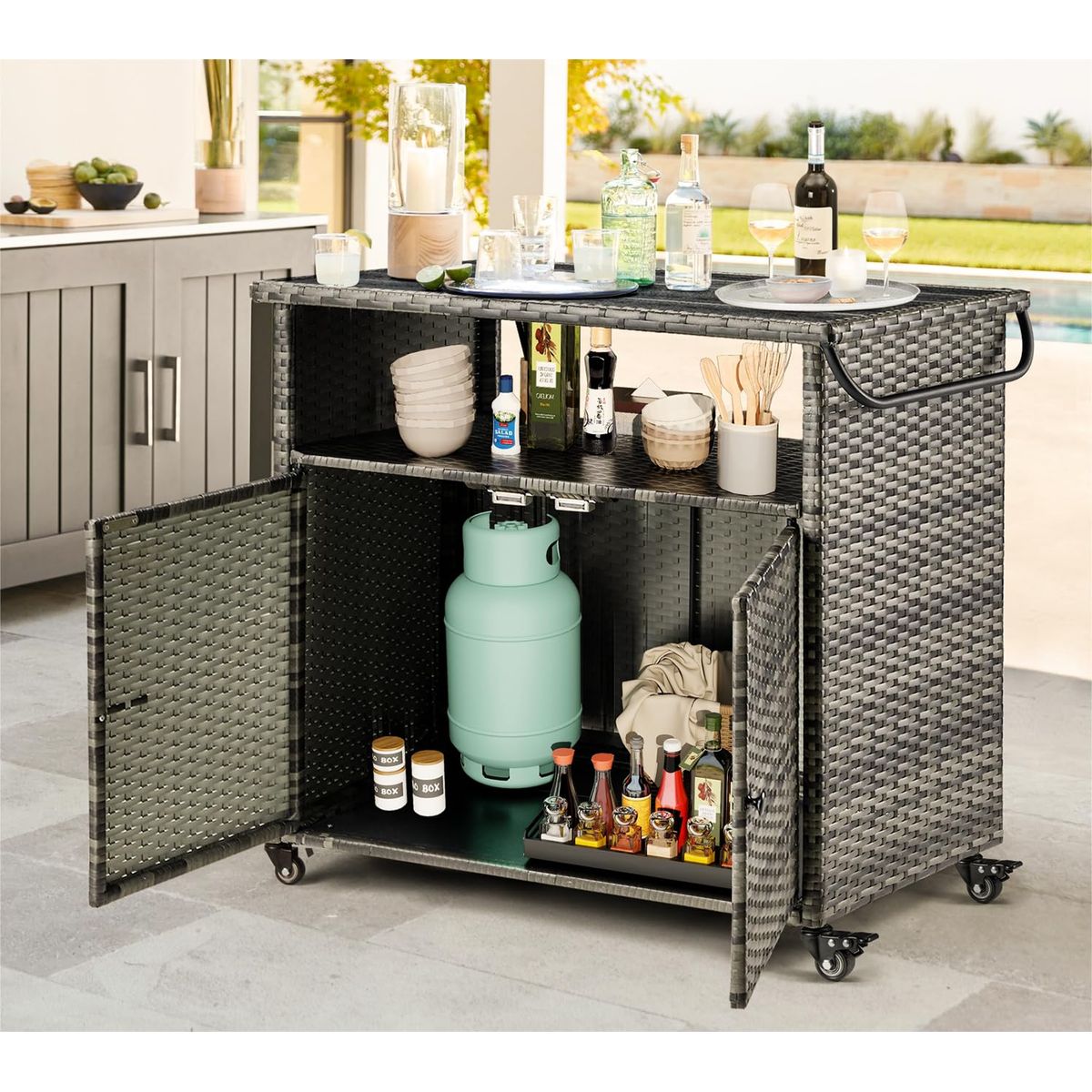 Patio Wicker Bar Table Cart with Wheels (3 Colors) - 16503GR-UG01-N