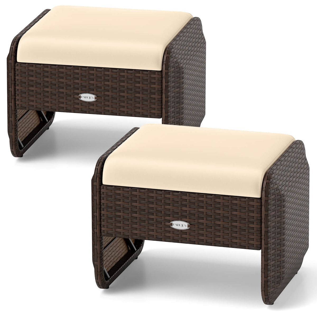 2-Piece Outdoor Patio PE Wicker Ottomans - Patio Ottomans -Beige