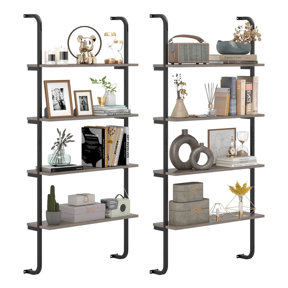 4-Tier Industrial Wall-Mounted Ladder Shelf  - Ladder Shelf-2PCS