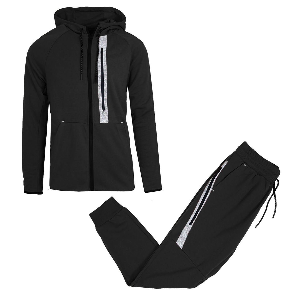 Men's Full-Zip Tech Fleece Hoodie and Jogger Set with Reflective Trim - GBT24-4934 - BK - 4XL