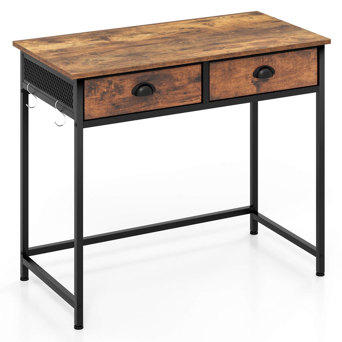 Space Saving Computer Desk with Drawers and Hanging Hooks - Computer Desk-Brown