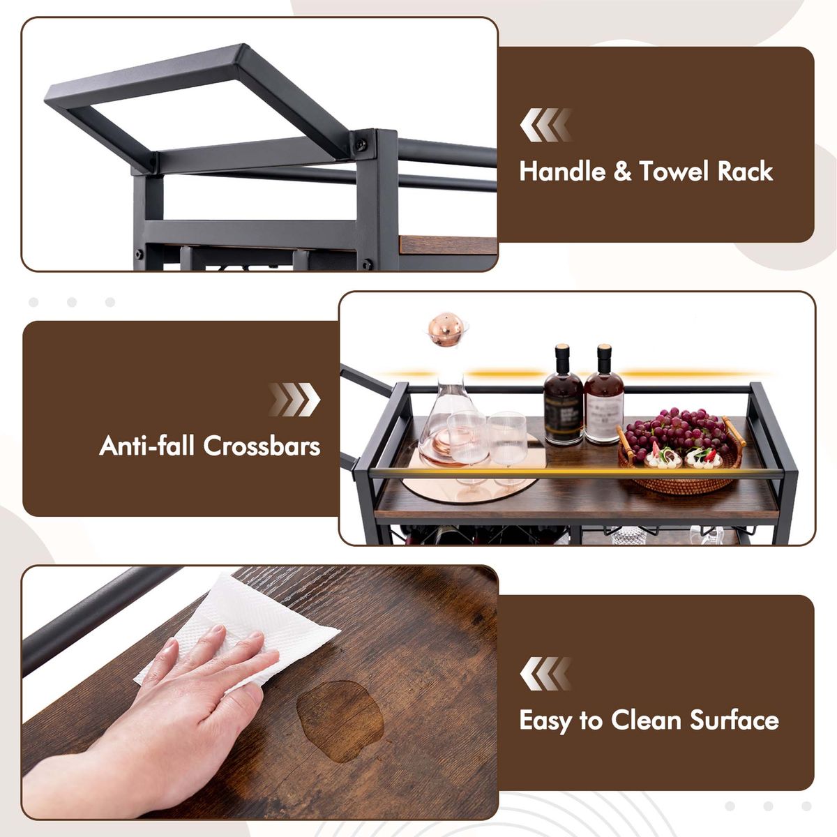 3-Tier Rolling Bar Cart with Wine Rack and Glass Holders - Bar Cart-Rustic Brown
