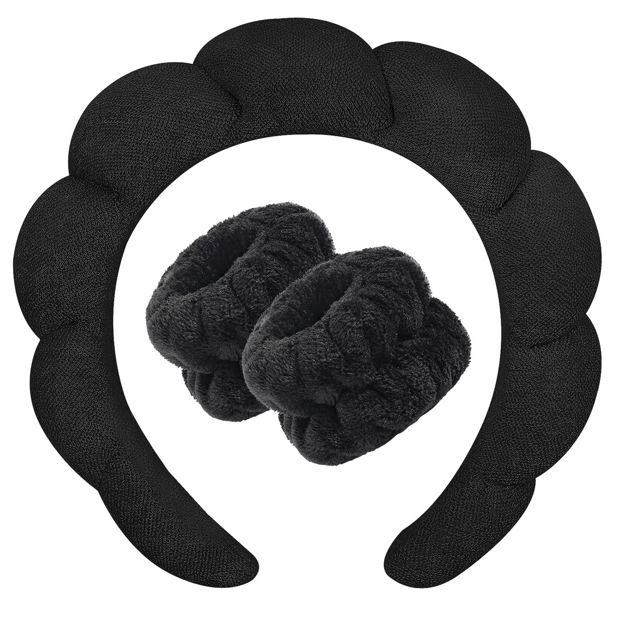 Non-Slip Bubble Spa Headband with Wristbands (3-Pack) - Black