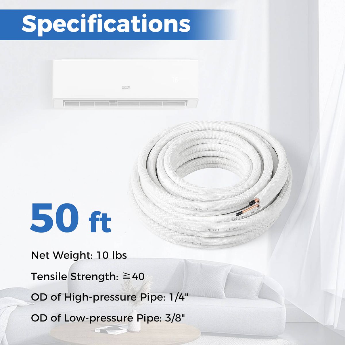 Air Condition Copper Tubing Hose Extension for Mini Split AC System (25 or 50 ft) - Copper Tubing Hose-50ft