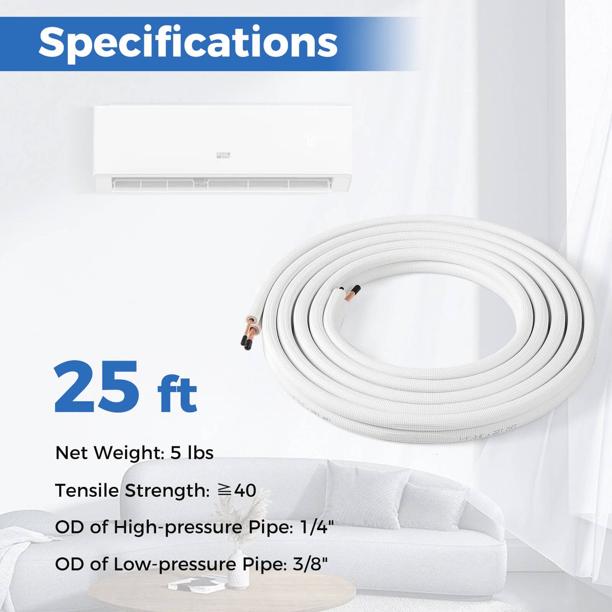 Air Condition Copper Tubing Hose Extension for Mini Split AC System (25 or 50 ft) - Copper Tubing Hose-25ft