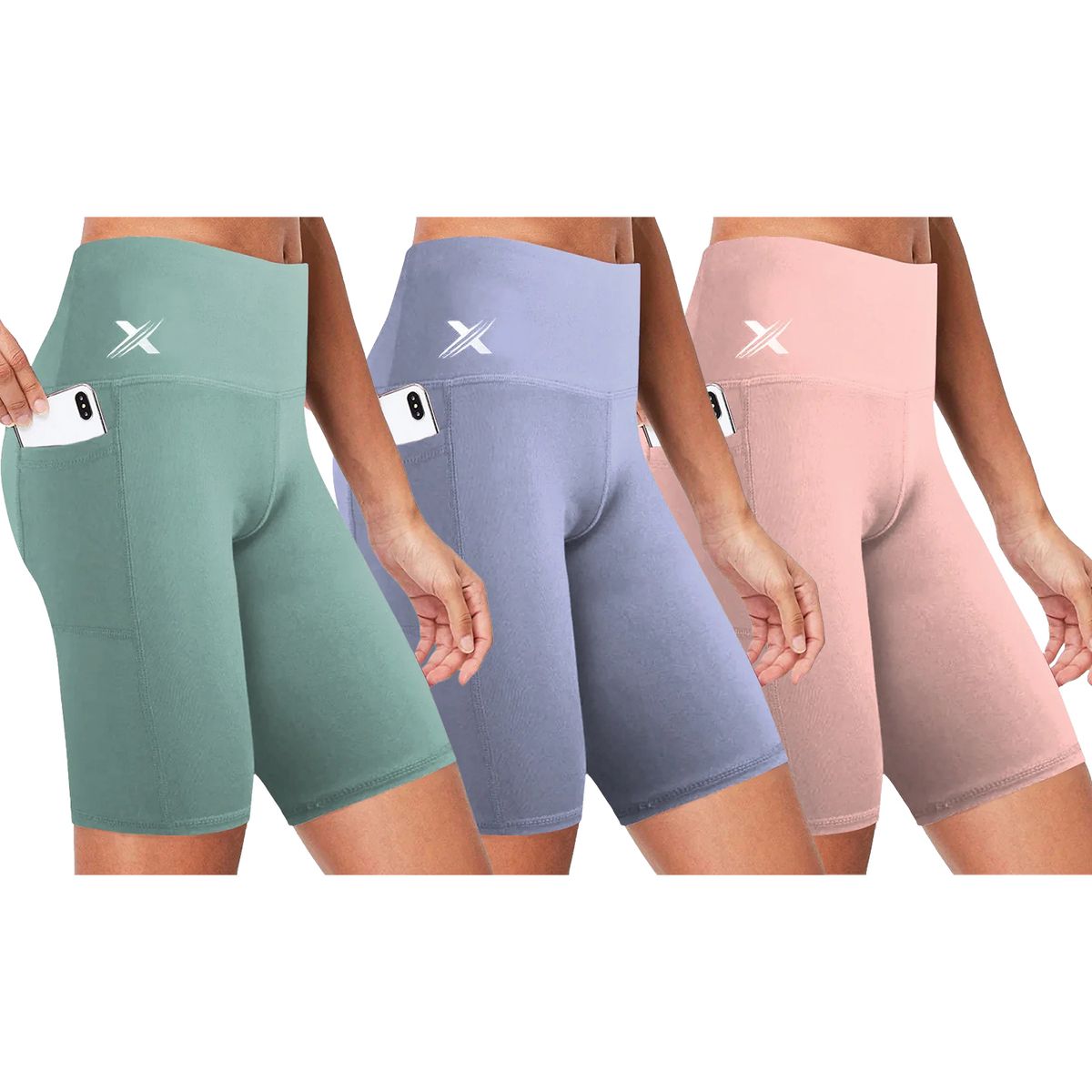 Women's High-Waist Breathable Yoga Shorts for Training (3-Pack) - Periwinkle/Cotton Candy/SeaFoam / Large