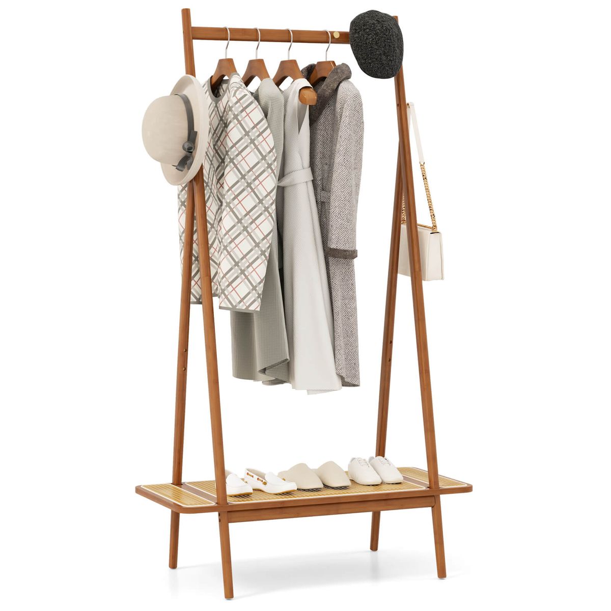Bamboo Clothes Rack with Hanging Rod, Shelf, and Hooks - Clothes Rack -Coffee