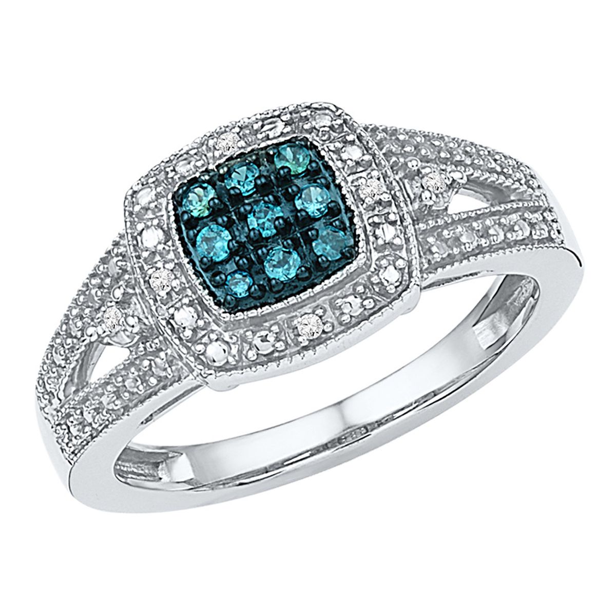 1/10 Carat (ctw I2-I3) Blue and White Diamond Cocktail Ring in Sterling Silver - Ring size: 6