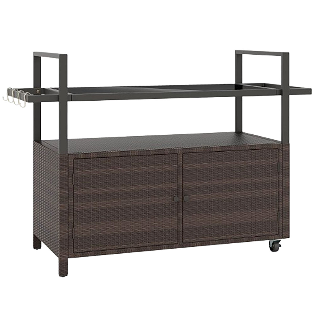 Outdoor Bar Wicker Buffet Serving Cart with Cabinet & 8 Hooks - Outdoor Bar Cart-Brown